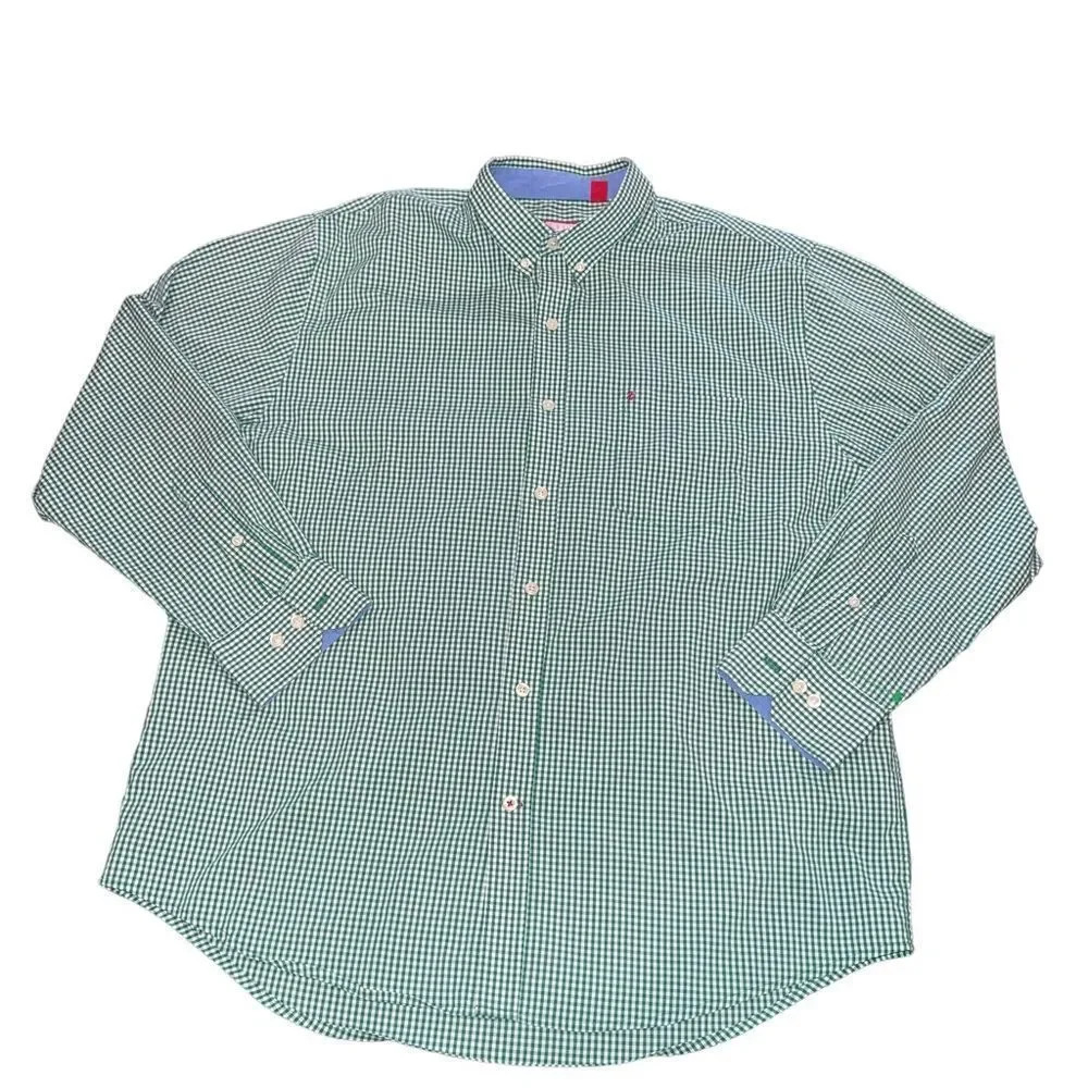 Izod Men's Green and White Plaid Long Sleeve Button Down Size Large